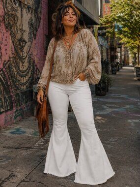 Folk White Flare Wide-Leg Jeans with Raw Hem plus size